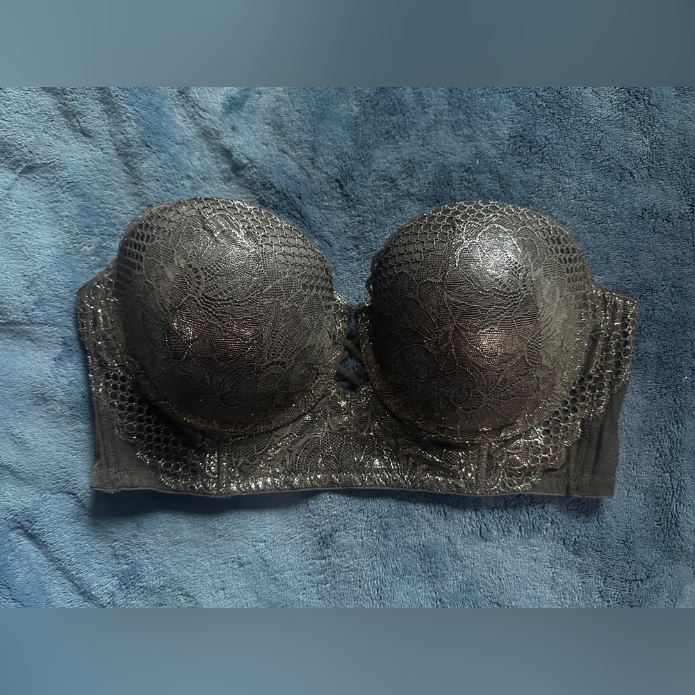 Ambrielle Lace Deep Plunge Strapless Bra Size 34DD Black/Gray Metallic